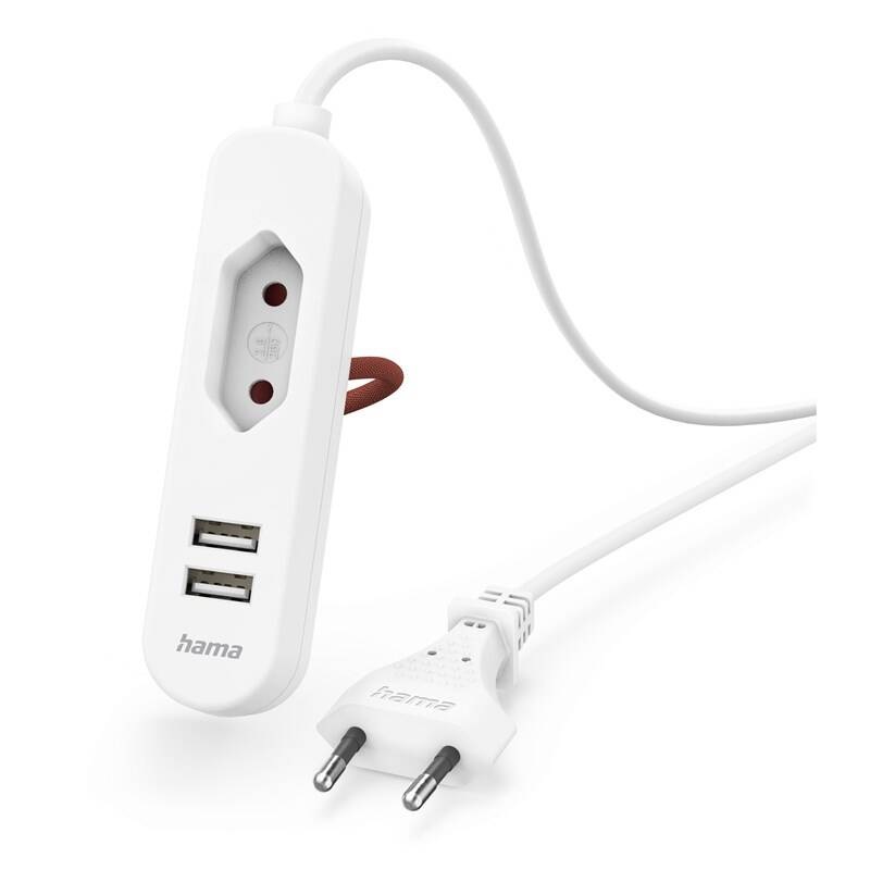 Kabel prodlužovací Hama 2x USB-A, 1x el. zásuvka Euro, 1,9 m bílý