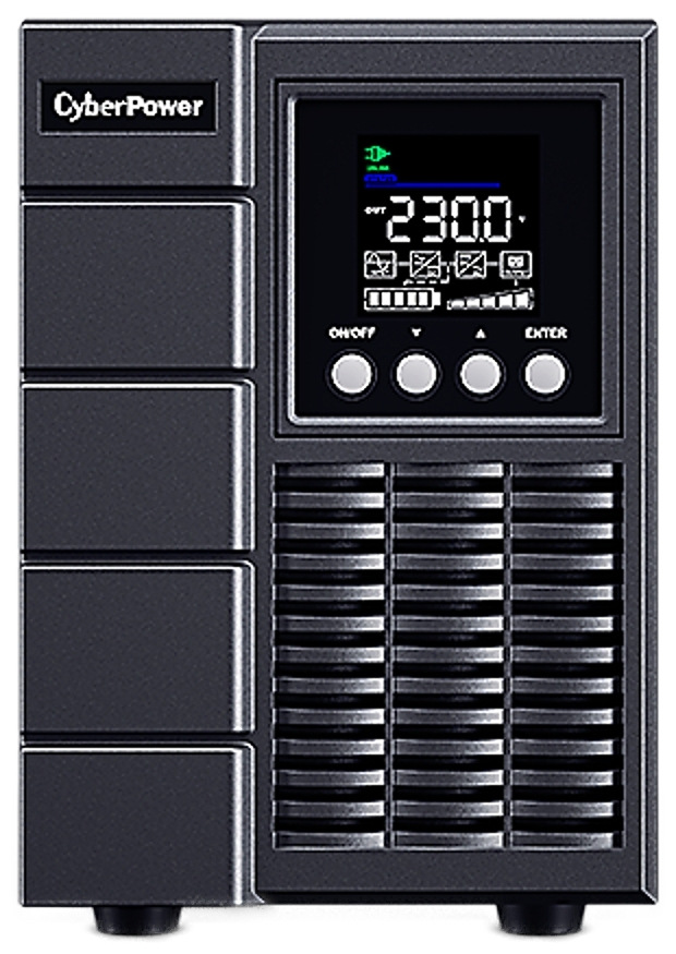 Záložní zdroj CyberPower OnLine S 2000VA/1800W, Tower černý Na obrázku je čelní pohled na záložní zdroj CyberPower OnLine S 2000VA/1800W. V horní části je barevný displej zobrazující napětí 230 V a stav zařízení, pod ním čtyři kulatá tlačítka. Spodní polovinu přední strany tvoří široká ventilační mřížka a vlevo jsou výrazné svisle členěné panely s logem CyberPower nahoře. Zařízení působí robustně, technicky a profesionálně.