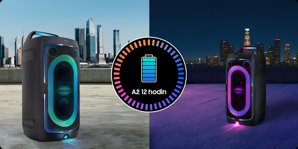 Dva obrázky reproduktoru Samsung MX-ST40F vedle sebe, vlevo je reproduktor s modrým podsvícením, na pozadí je město ve dne, vpravo je týž reproduktor s fialovým podsvícením, na pozadí je noční město, uprostřed je přes oba obrázky kolečko popisující výdrž baterie až 12 hodin
