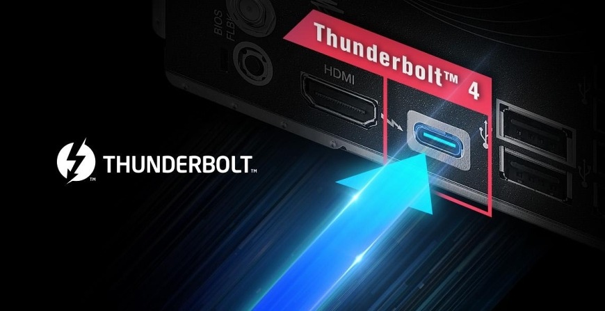 Základní deska ASRock B860M LiveMixer WiFi Detail konektoru Thunderbolt 4 na ASRock B860M LiveMixer WiFi umožňující vysokorychlostní přenosy a moderní konektivitu