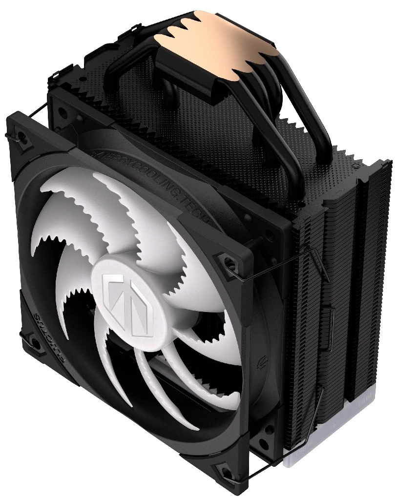Chladič CPU ENDORFY Fera 5 Black ARGB Na obrázku je chladič CPU ENDORFY Fera 5 Black ARGB – věžový vzduchový chladič procesoru. Vepředu má velký černý ventilátor s bílými lopatkami (ve tvaru „zubatých“ křídel), který fouká vzduch skrz chladič. Za ventilátorem je vysoký blok hustých černých kovových žeber a nahoře jsou vidět zahnuté kovové trubičky (heatpipe) s měděnou základnou. Podsvícení ARGB na fotce není rozsvícené.