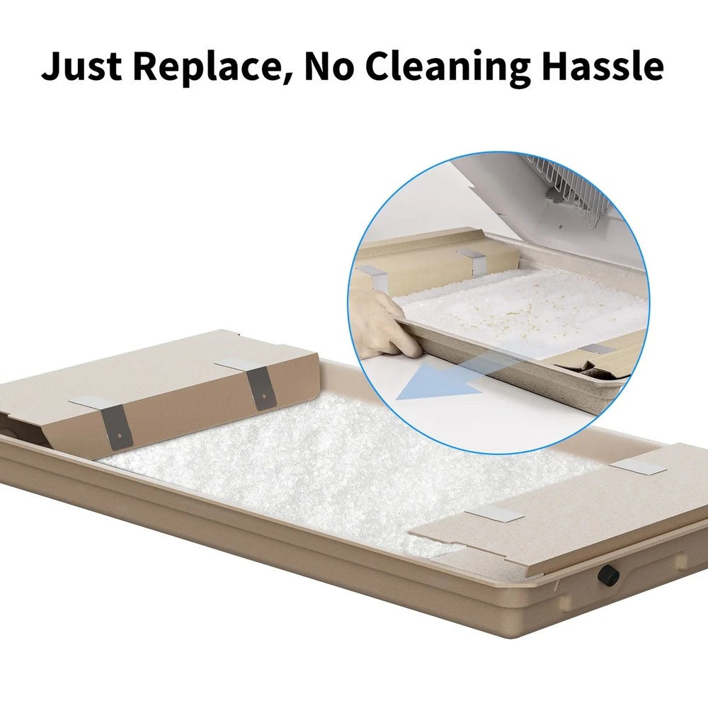 Odpadní nádoba se stelivem, v bublině ruka vytahuje nádobu z chytrého záchoda Petkit Purobot Crystal Duo, nápis Just Replace, No Cleaning Hassle