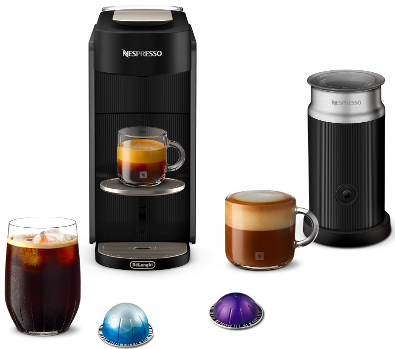 Kávovar DeLonghi Nespresso Vertuo Up Bundle ENV200.GYAE s Aeroccino 3 a různými druhy připravených nápojů