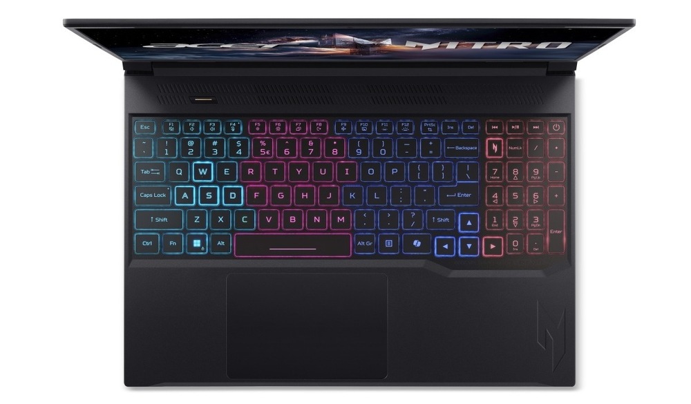 Notebook Acer Nitro V 16S (ANV16S-71-76ZB) černý Pohled na RGB klávesnici shora u notebooku Acer Nitro V 16S