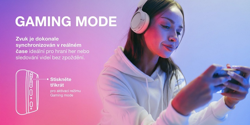 Sluchátka Hyundai HBTM 50BT bílá Žena hraje hru na telefonu a má na uších bezdrátová sluchátka Hyundai HBTM 50WT. Grafika zdůrazňuje režim Gaming Mode, která zajišťuje dokonalou synchronizaci zvuku bez zpoždění, aktivovanou trojitým stisknutím tlačítka