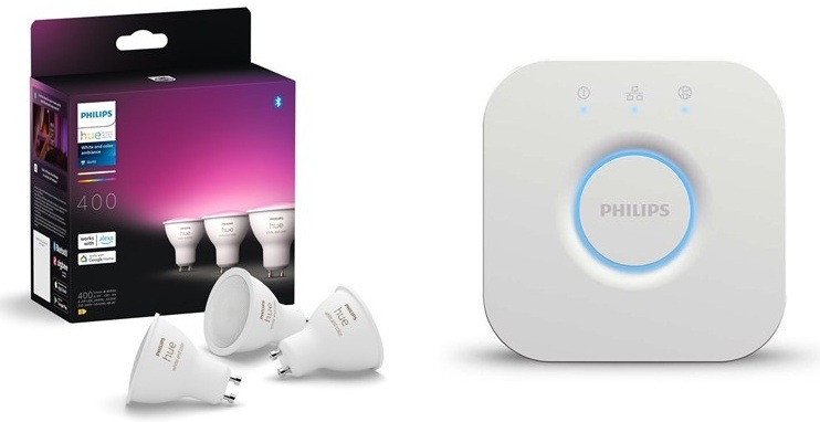 Balení chytrých žárovek a ovladač Philips Hue Bridge 2.0.