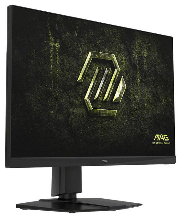 Herní monitor MSI MAG 272QPF E20 v černém provedení z pohledu zepředu a z boku