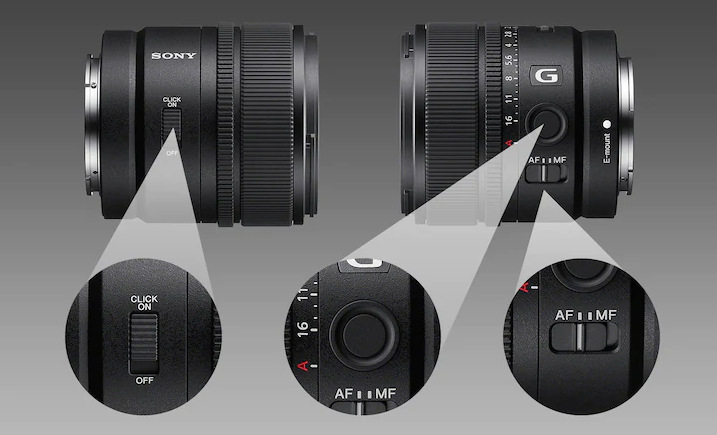 Objektiv Sony E 15 mm f/1.4 G černý Produktové snímky objektivu E 15mm F1.4 G, pravá a levá strana