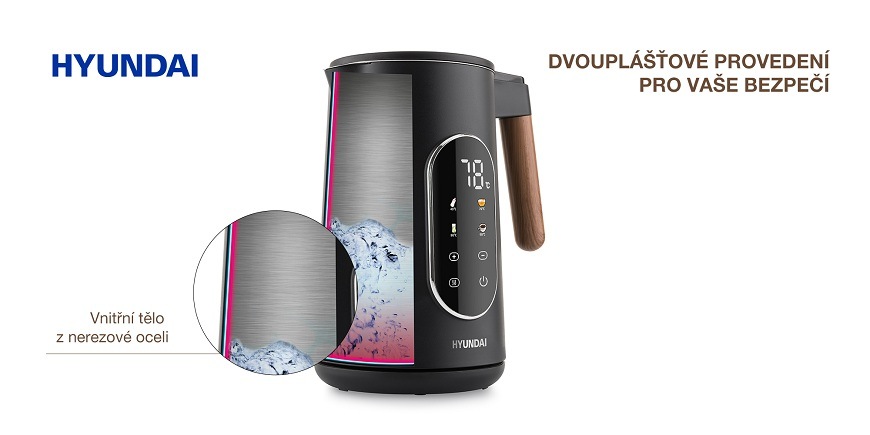 Rychlovarná konvice Hyundai VK690B černá Schéma konvice Hyundai VK690 znázorňující dvouplášťové provedení pro vyšší bezpečnost a vnitřní tělo vyrobené z kvalitní nerezové oceli