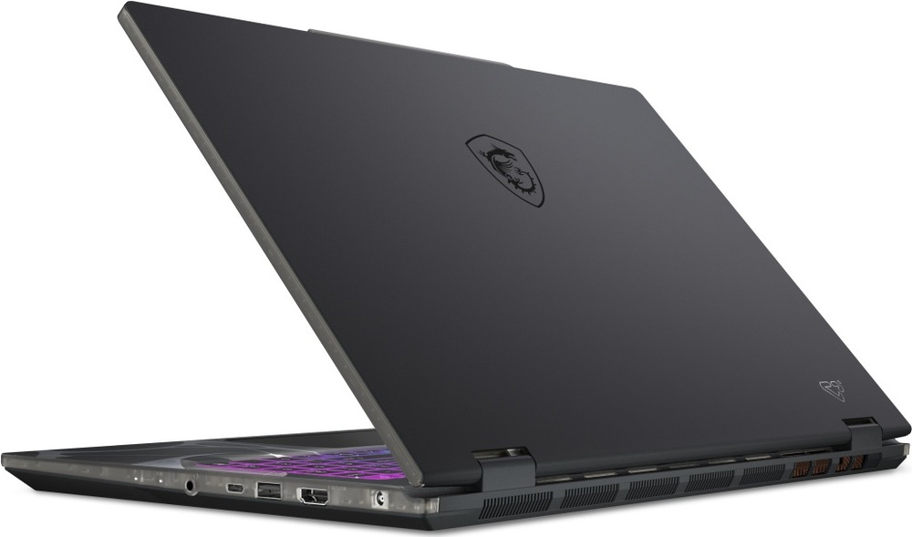 Zadní boční pohled na notebook MSI Cyborg 15 B13W s otevřeným víkem, výdechy chlazení a porty