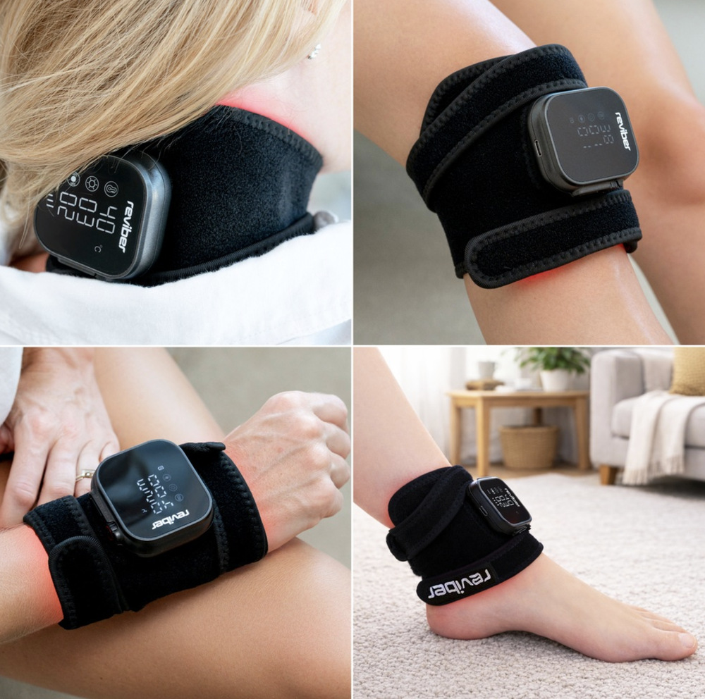 Masážní přístroj Reviber Zen Physio LED upevněný na krku, paži, zápěstí a kotníku
