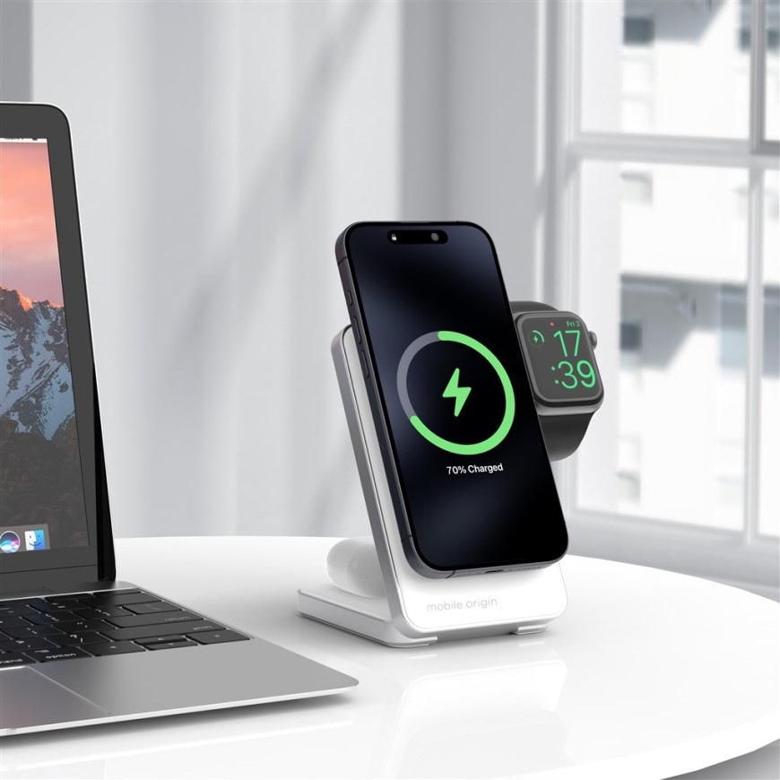 Bezdrátová nabíječka Mobile Origin Qi2 CompactStand 3in1 - stříbrná/bílá
