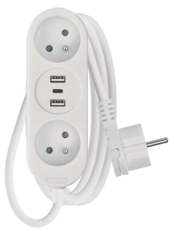 Kabel prodlužovací EMOS 2 x zásuvka, 2x USB, 1x USB-C, 1,4m bílý