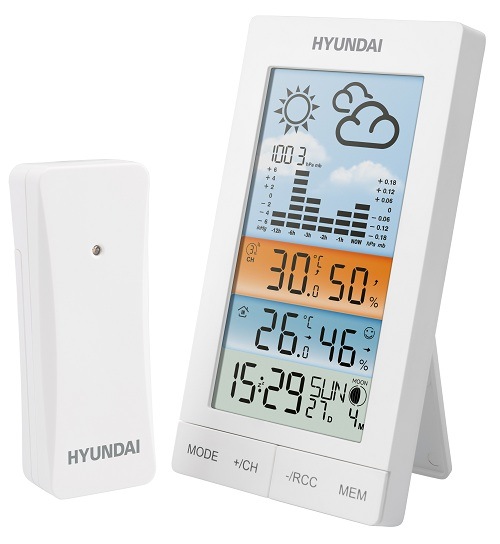 Meteorologická stanice Hyundai WS 2050 bílá Bílá meteorologická stanice Hyundai WS 2050 zobrazující informace o počasí spolu s venkovním senzorem