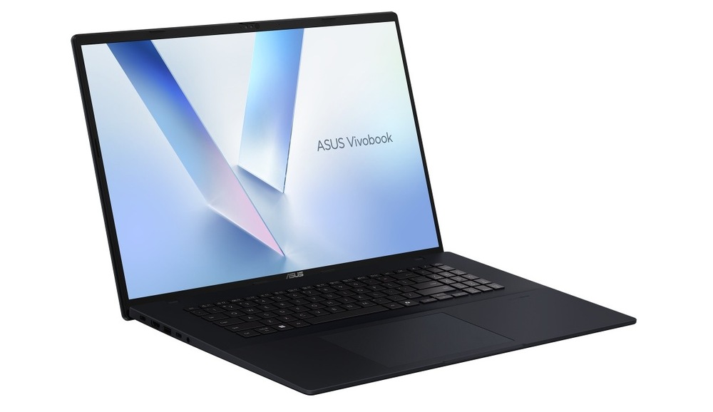 Notebook Asus Vivobook 18 modrý Otevřený a zapnutý notebook Asus Vivobook 18 natočený doprava