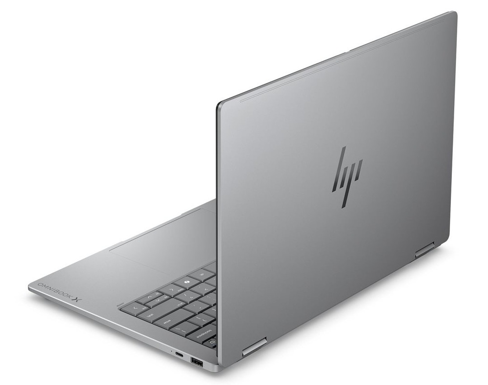 Notebook HP OmniBook X Flip AI PC 14-kb0609ncx + Game Pass předplatné na 2 měsíce stříbrný Otevřený notebook HP OmniBook X Flip AI PC 14-kb0609ncx zezadu