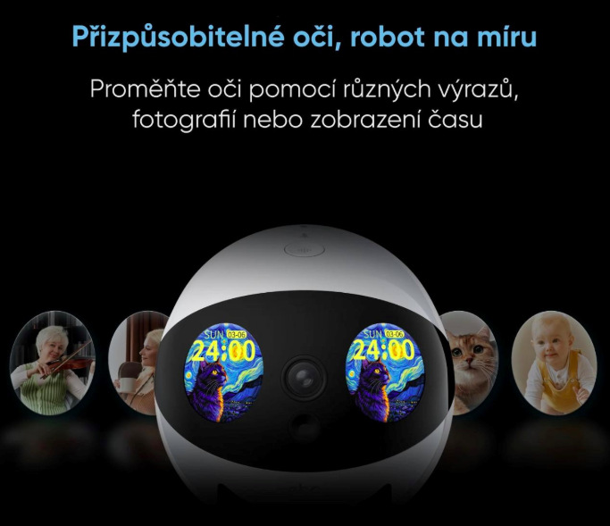 Detail digitálních očí IP kamery Enabot EBO Air 2 Plus s možností nastavení barev a zobrazení fotografií