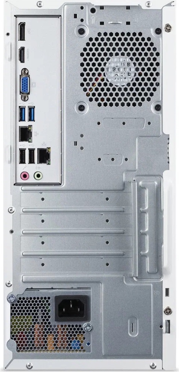 Stolní počítač Acer Aspire TC-102 bílý/hnědý Na obrázku je zadní strana stolního počítače Acer Aspire TC-102 i5-14100 v bílé skříni. V horní části se nachází velká voštinová větrací mřížka se systémovým ventilátorem. Vlevo je svislý panel konektorů, který zahrnuje obrazové výstupy DisplayPort, HDMI a VGA, několik portů USB-A, síťový konektor LAN a dva barevně rozlišené 3,5mm audio konektory pro mikrofon a zvukový výstup. Ve spodní části jsou záslepky rozšiřujících pozic a napájecí zdroj se síťovým konektorem a vlastní větrací mřížkou.