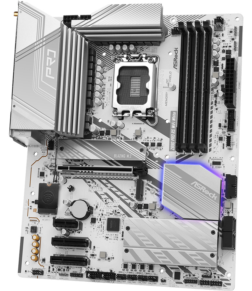 Základní deska ASRock Z890 PRO RS WIFI WHITE s paticí Intel LGA1851, čtyřmi DDR5 sloty, masivními pasivy VRM, chladiči M.2 a PCIe x16 sloty