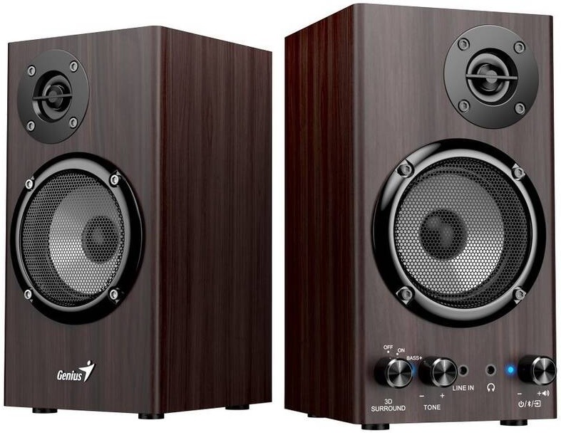 Reproduktory Genius SP-HF520BT hnědé Detail bočního a předního pohledu na hnědé reproduktory Genius SP-HF520BT s dřevěnou konstrukcí