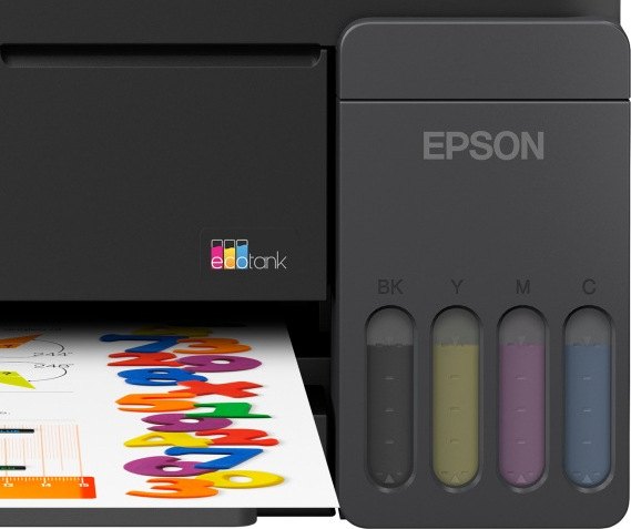 Detail tiskárny Epson EcoTank L3310 s viditelnými zásobníky inkoustu