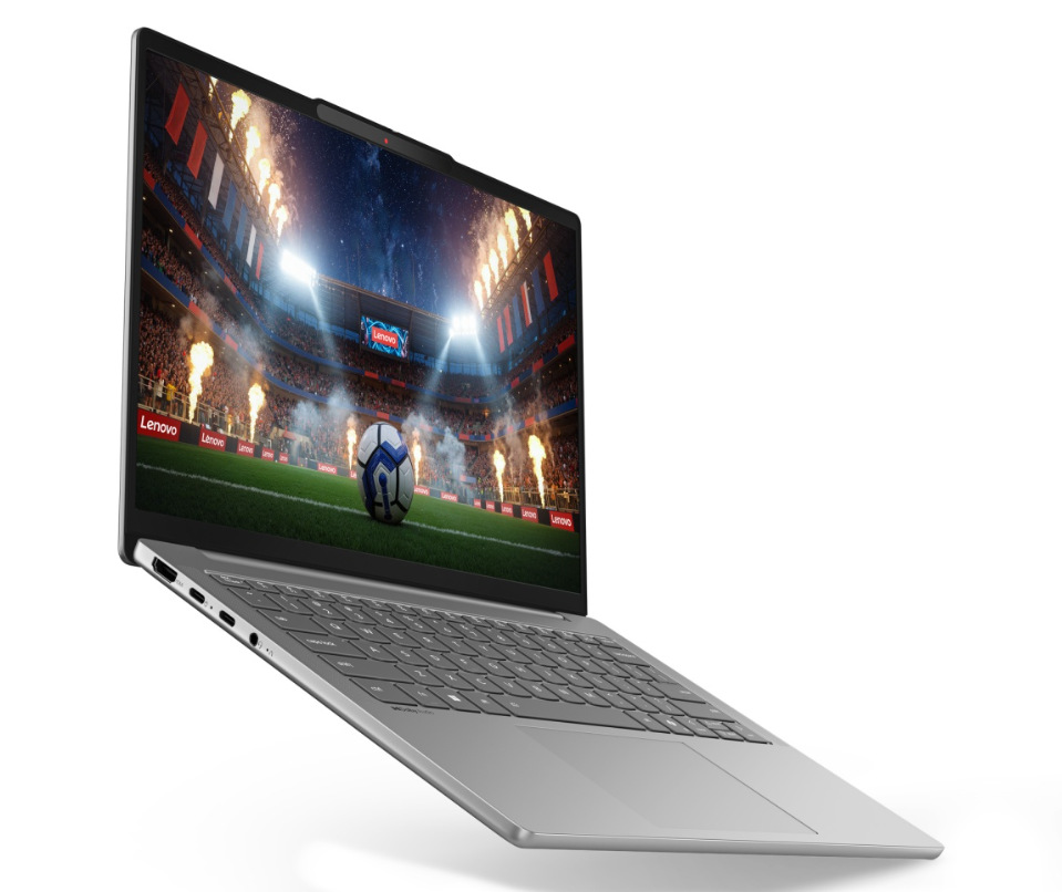 Otevřený a zapnutý notebook Lenovo IdeaPad Slim 5 14AHP11 otočený doprava