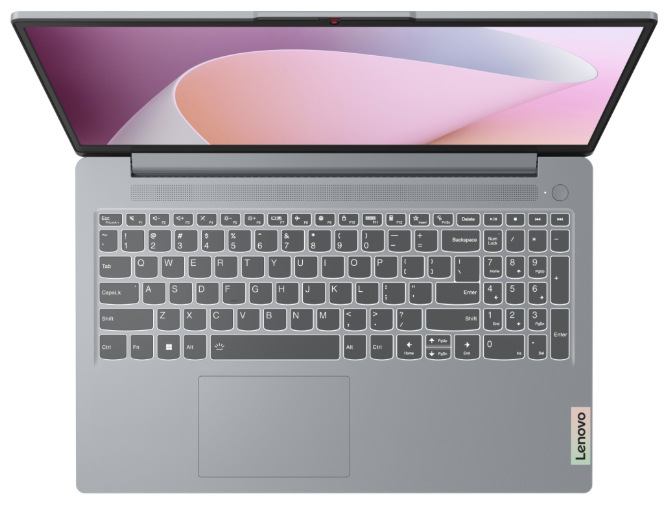Notebook Lenovo IdeaPad Slim 3 15AMN8 šedý Pohled shora na klávesnici s numerickou částí a touchpad notebooku Lenovo IdeaPad Slim 3 15AMN8