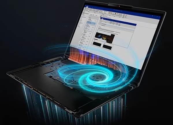 Notebook Lenovo IdeaPad Slim 5 16AHP11 modrý Notebook Lenovo IdeaPad Slim 5 16AHP11 se spirálou ilustrující chlazení a výkon