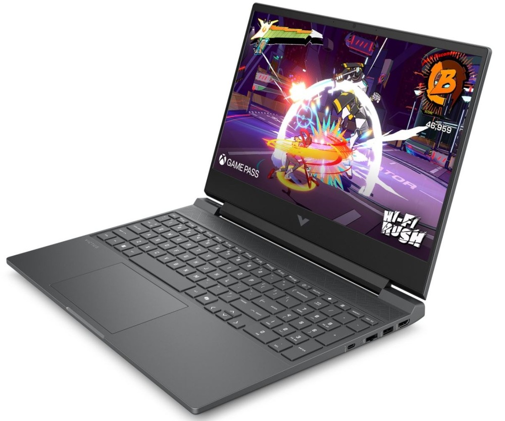 Notebook HP VICTUS 15-fb3001ncx + Game Pass předplatné na 2 měsíce šedý Notebook HP Victus 15-fb3001ncx šikmý pohled zepředu