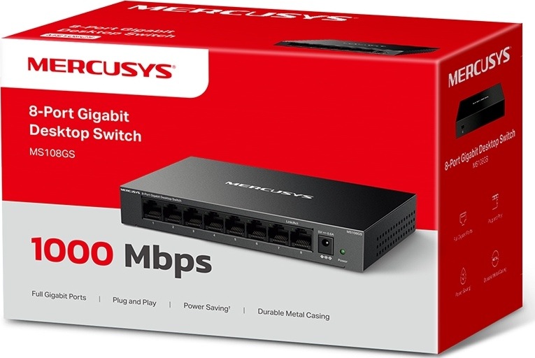 Switch Mercusys MS108GS (MS108GS) černý Červeno-bílá prodejní krabice switche Mercusys MS108GS s vyobrazením produktu a údaji o osmi gigabitových portech a rychlosti 1 000 Mbit/s.