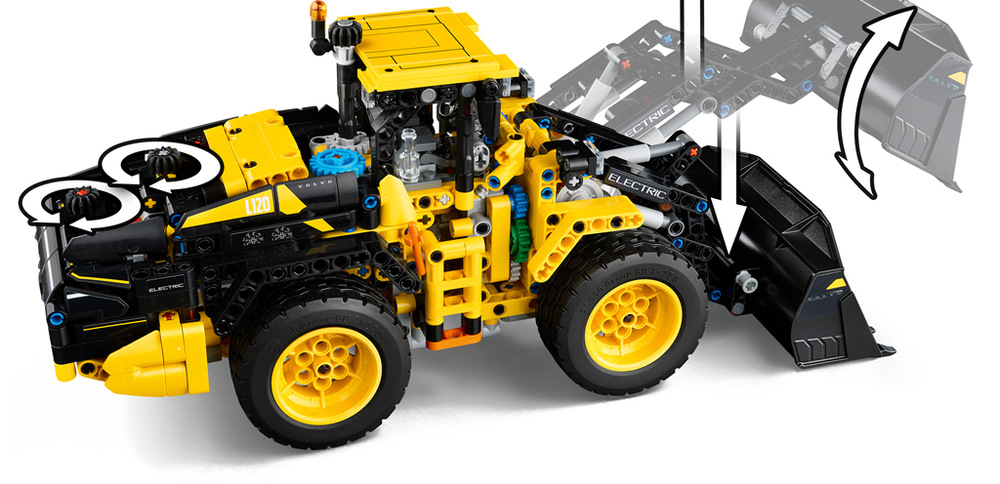 Stavebnice LEGO® Technic 42209 Kolový nakladač Volvo L120 Electric Tři otáčející se ozubená kola pod krytem motoru názorně ukazují dětem princip fungování technických mechanismů.