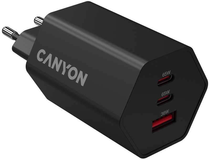 Nabíječka do sítě Canyon HEXAGON 65 GaN 65W 2x USB-C/1xUSB-A - černá