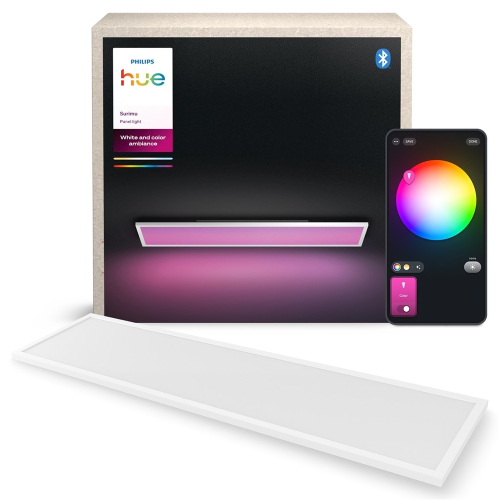 Stropní svítidlo Philips Surimu Hue Panel, 60W, 120x30 cm, White and Color Ambiance bílé Svítidlo Philips Surimu Hue, originální krabice a dálkový ovladač