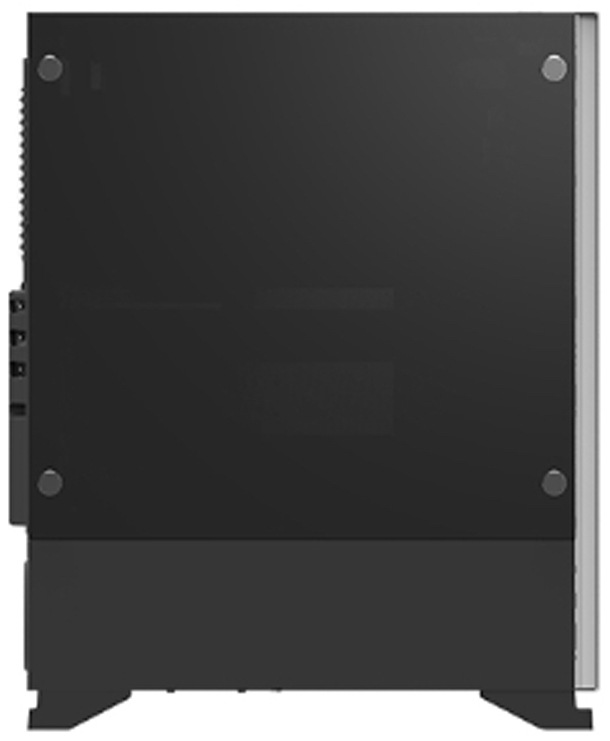 Case Zalman S5 černá Na obrázku je boční pohled na PC skříň Zalman S5, černá. Vidíte velkou tmavou průhlednou bočnici (tónované sklo), která je přichycená čtyřmi kulatými šrouby v rozích. Ve spodní části je neprůhledný kryt zakrývající prostor pro zdroj a kabeláž. Skříň stojí na nízkých nožkách a po pravém okraji je patrný rámeček předního panelu.