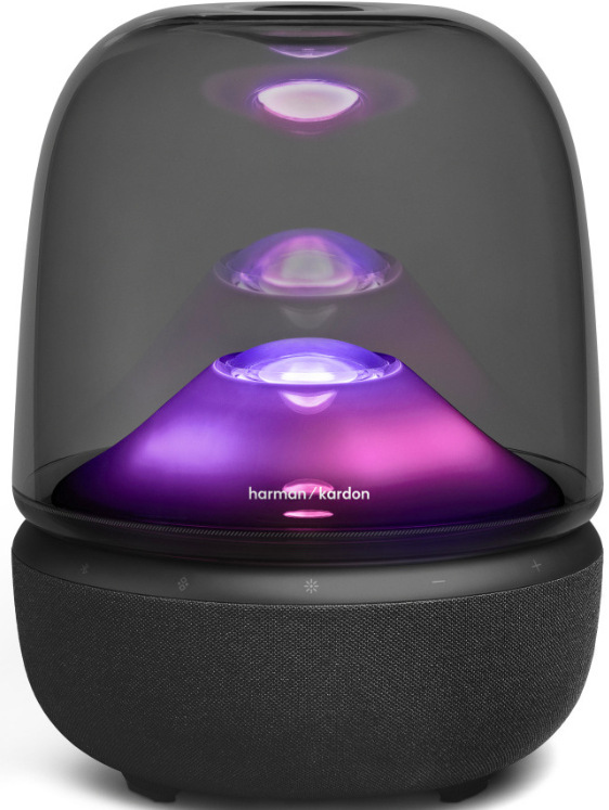 Reproduktor Harman Kardon Aura Studio 5 s fialovým ambientním osvětlením v transparentní kopuli