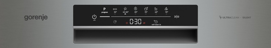 Detailní záběr na přední ovládací panel vestavné myčky Gorenje GI643C90X.