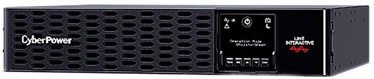 Záložní zdroj CyberPower Professional Rackmount Series PRIII 2200VA/2200W,2U, XL černý Na obrázku je černý rackový záložní zdroj CyberPower v nízkém 2U provedení. Na přední straně má širokou ventilační mřížku, menší displej s ovládacími tlačítky a stavovými ikonami a logo Line-Interactive. Zařízení působí profesionálně a je určené pro montáž do serverového racku.