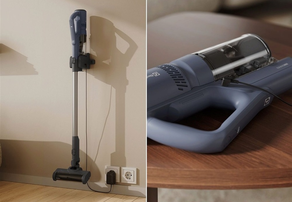 Tyčový vysavač Electrolux na nástěnném držáku.