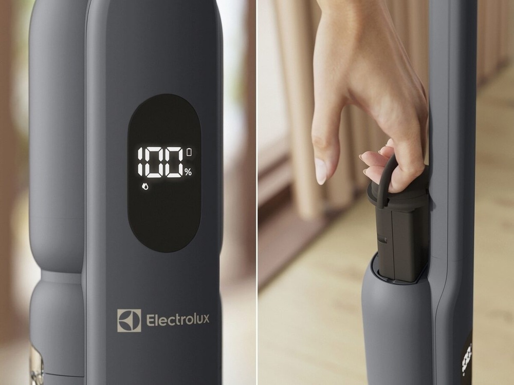 Detail na displej podlahové myčky Electrolux. Vpravo detail na vyměnitelnou baterii.