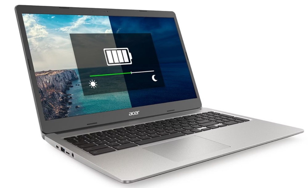 Notebook Acer Chromebook 315 zapnutý zobrazující ikonku baterie