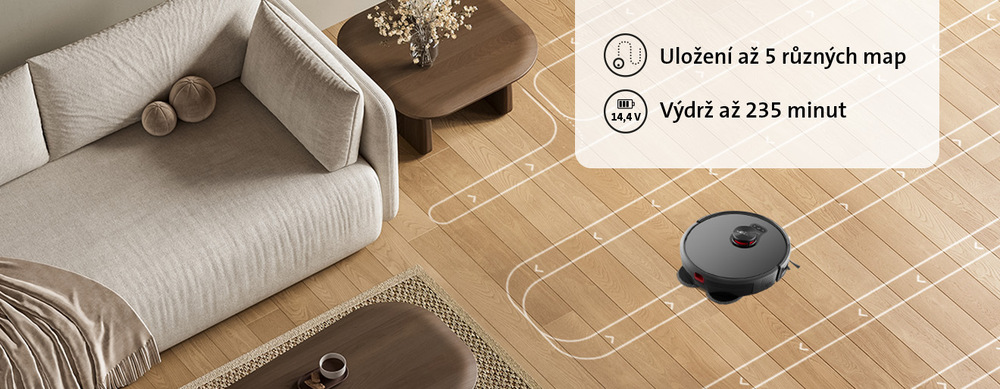 Produktová infografika robotického vysavače ETA Leone 2 zachycená z nadhledu v moderním obývacím pokoji se světlou sedačkou a dřevěnou podlahou. Na podlaze jsou graficky znázorněny linie znázorňující systematickou trasu úklidu a mapování prostoru. V pravém horním rohu je umístěn informační box s textem: „Uložení až 5 různých map“ a „Výdrž až 235 minut“ (s ikonou baterie 14,4 V)
