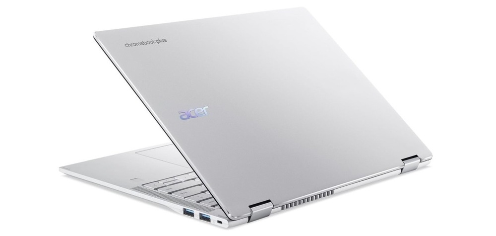 Notebook Acer Chromebook Plus Spin 514 (CP514-5HN-K65H) stříbrný Notebook Acer Chromebook Plus Spin 514 (CP514-5HN-K65H) pootevřený zezadu