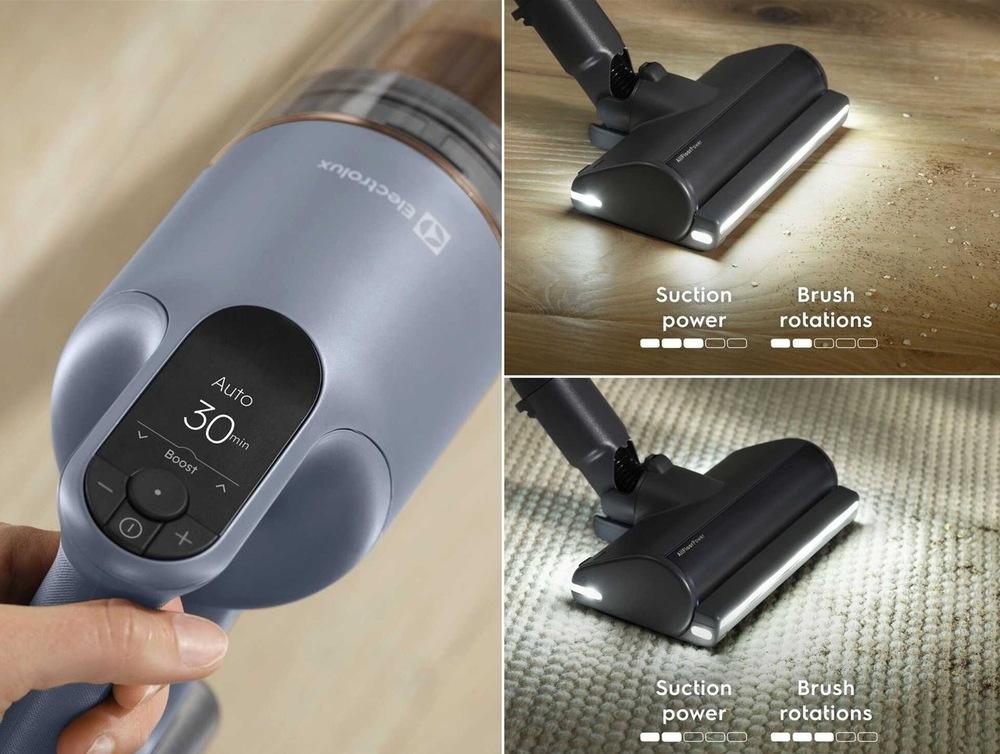 Ovládací LCD panel vysavače Electrolux. Vpravo nad sebou znázornění přizpůsobení výkonu podle typu podlahy – tvrdá podlaha, koberec.
