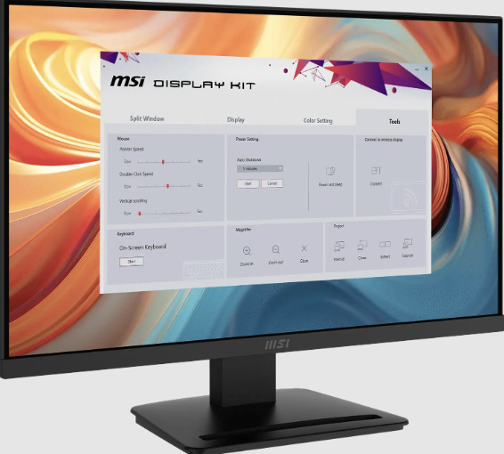 Monitor MSI PRO MP241 E14V se spuštěným softwarem MSI Display Kit pro nastavení zobrazení