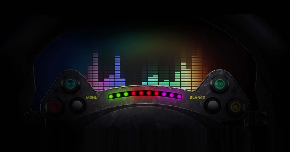 Volant Moza Racing RS V2 černý Detailní záběr na 10 RGB LED diod sekvenčního řazení, nacházejících se vedle tlačítek.