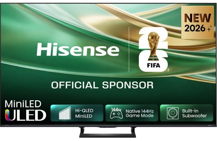 Televize Hisense 75E8S Televize Hisense 75E8S se zobrazeným zeleným pozadím. Jsou na ní parametry, co umi, a rok 2026.