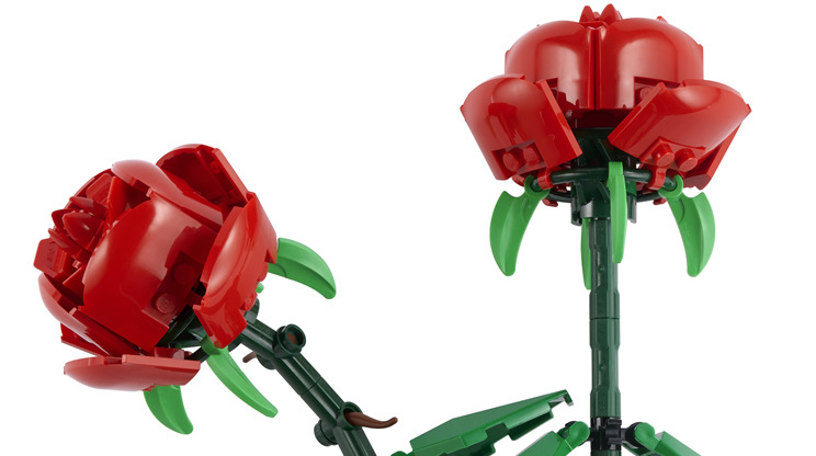 Z kostek LEGO postupně vytvoříte dvě červené růže se zelenými listy a nastavitelnými stonky.