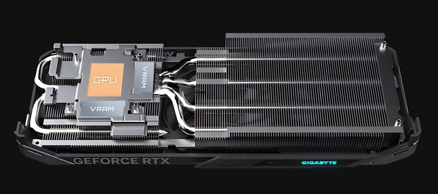 Grafická karta GIGABYTE GeForce RTX 5060 GAMING OC 8G Detail chladiče grafické karty GIGABYTE RTX 5060 GAMING OC s heatpipe trubicemi