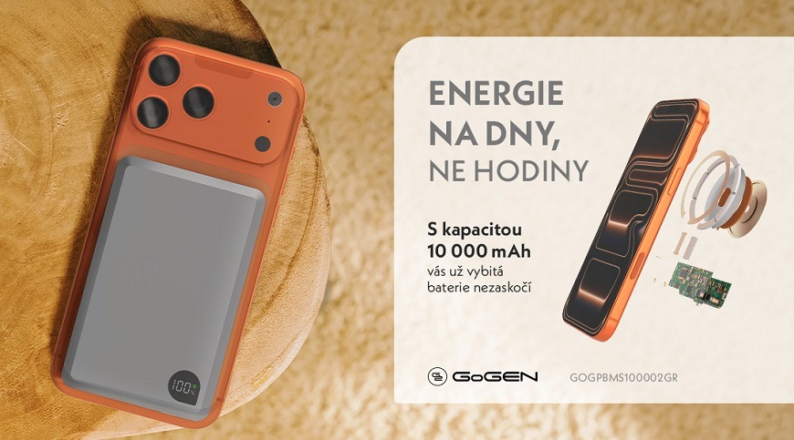 Šedá MagSafe powerbanka GoGEN s kapacitou 10 000 mAh přichycená na zádech oranžového telefonu. Produktový banner s textem „Energie na dny, ne hodiny“.