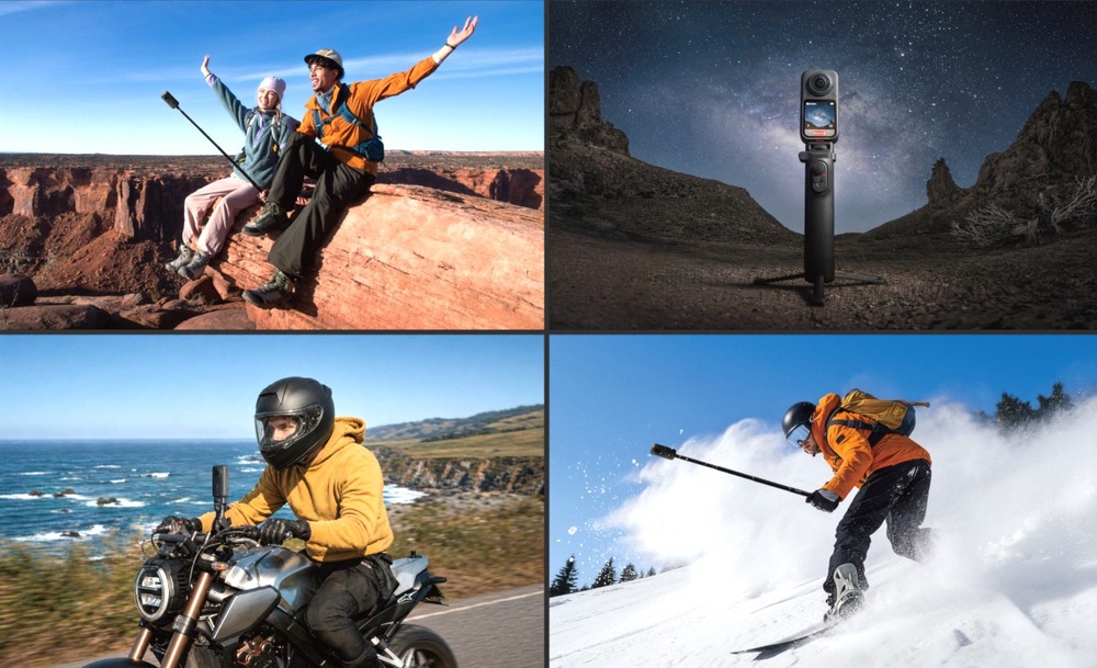 Outdoorová kamera Insta360 X6 Essentials Bundle černá Dvojice cestovatelů na vyhlídce, kamera Insta360 X6 na stativu pod hvězdnou oblohou, motorkář u pobřeží a lyžař při jízdě v prašanu